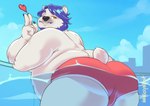 anthro beard big_butt blue_hair butt clothing facial_hair fur hair heart_symbol looking_at_viewer male mature_male overweight overweight_anthro overweight_male pool snout solo swimwear white_body white_fur mangolynx bear mammal polar_bear ursine absurd_res digital_media_(artwork) hi_res