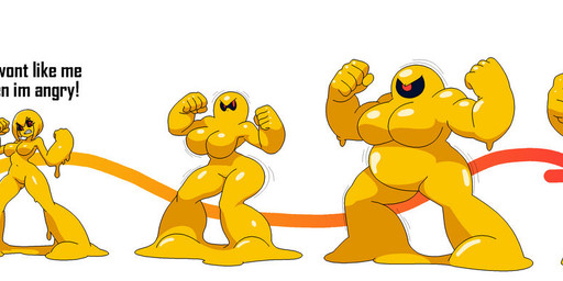 1_eye big_hands bloated female machine red_eyes slime transformation transformation_sequence yellow_body themadastronaut capcom mega_man_(series) yellow_devil goo_creature humanoid robot