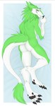 anthro biped butt fur green_body green_fur male solo tail white_body white_fur banzai.puppy nul sergal absurd_res digital_media_(artwork) hi_res