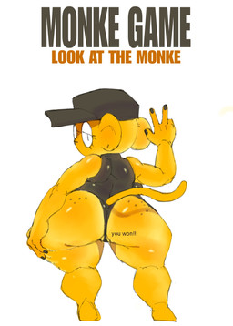 anthro big_butt big_ears black_baseball_cap black_clothing black_eyes black_leotard black_nails black_nose bottom_heavy butt clothing colored_nails eyelashes eyewear female freckled_butt freckles fur gesture glasses hand_gesture leotard looking_at_viewer looking_back looking_back_at_viewer nails round_glasses simple_background solo text thick_thighs v_sign white_background wide_hips yellow_body yellow_fur pincparti haplorhine mammal monkey primate hi_res