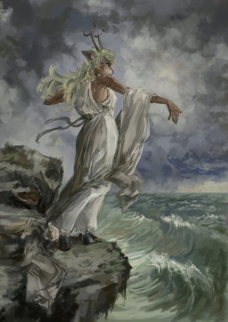 amazing_background anthro antlers biped blonde_hair brown_body brown_fur cliff clothed clothing cloud cloudy_sky detailed_background female female_anthro fur hair horn long_hair outside sea side_view sky snout solo style_emulation water nitrovu death_of_sappho deltarune undertale_(series) noelle_holiday deer mammal new_world_deer 2026 absurd_res detailed digital_media_(artwork) digital_painting_(artwork) english_description full-length_portrait hi_res inspired_by_formal_art painting_(artwork) portrait