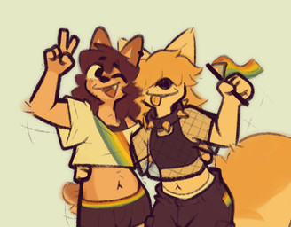 anthro blush clothed clothed_anthro clothed_male clothing collar countershading duo emanata fishnet_clothing fishnet_topwear fluffy fluffy_tail gesture hair hair_over_eye hand_gesture lgbt_pride looking_at_viewer male male/male male_anthro one_eye_closed open_mouth pride_colors romantic romantic_couple spiked_collar spikes tail tail_motion tailwag tongue tongue_out topwear v_sign waving_flag goopystem_(artist) kipper_(goopystem) domestic_cat felid feline felis mammal 2025