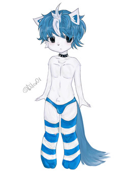 anthro blue_hair bulge clothing collar femboy fur hair highlights_(coloring) male simple_background solo spiked_collar spikes swimwear text white_background white_body white_fur white_highlights young young_anthro young_male m1lup canid canine felid feline fox mammal 3:4 hi_res signature