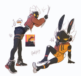 anthro bent_over butt chibi clothing fake_ears fake_rabbit_ears grey_body hair jacket machine male solo topwear white_hair yellow_eyes njlis mihoyo zenless_zone_zero billy_kid robot absurd_res hi_res