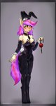 anthro ball_gag blush breasts bunny_costume cleavage clothed clothing costume female gag horn latex latex_suit necktie shy solo standing shamziwhite mythology equid equine mammal mythological_creature mythological_equine unicorn hi_res