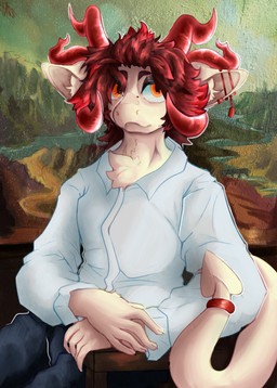 accessory ambiguous_gender anthro bottomwear clothing ear_jewelry ear_piercing ear_tag eyebrow_piercing eyeshadow facial_piercing fur furgonomics horn makeup pants piercing red_eyes red_horn red_piercing solo spade_tail tail tail_accessory tailband white_body white_fur hammbug dreddy_(dreddyhypno) bovid caprine goat imp mammal absurd_res hi_res huge_filesize
