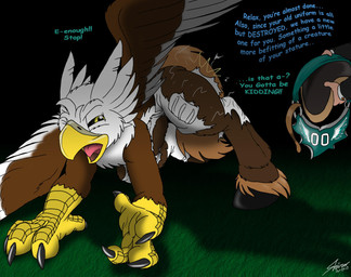 accidental_transformation american_football bottomwear clothing duo feathers feet feral field food football_player grass hooves horse_tail male mount offscreen_character outside plant reins saddle scales shorts solo_focus sport talons text toes torn_clothing transformation uniform catmonkshiro european_mythology greek_mythology mythology nfl philadelphia_eagles pheagle swoop_(philadelphia_eagles) accipitrid accipitriform avian bald_eagle bird eagle equid hippogriff mammal mythological_avian mythological_creature sea_eagle 2013 english_text