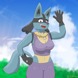 anthro athletic_wear biped blue_body blue_fur bodily_fluids bottomwear breasts clothed clothing crop_top day exercise exercise_clothing female fingers fur gesture leggings legwear looking_at_viewer midriff navel nipple_outline nipples open_mouth outside purple_clothing red_eyes shirt simple_background sky smile smiling_at_viewer solo standing sweat sweatdrop sweaty_breasts thick_thighs tight_clothing tongue topwear waving waving_at_viewer tooundone nintendo pokemon canid canine generation_4_pokemon lucario mammal pokemon_(species) 1:1 digital_media_(artwork) hi_res