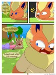 3:4 absurd_res anthro blue_eyes brown_body brown_eyes butt canid canine clothed clothing comic dialogue digital_drawing_(artwork) digital_media_(artwork) duo eevee eeveelution elizabeth_venizee english_text female flamberry_(artist) flareon franklin_flare fur generation_1_pokemon grass hair hi_res idea male male/female mammal nintendo open_mouth orange_body orange_fur plant pokemon pokemon_(species) surprised_expression tail text tree