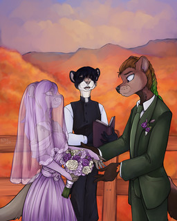 accessory anthro book bottomwear bouquet boutonniere bride brown_body brown_fur clothed clothing cloud digit_ring dress ear_piercing female flower flower_bouquet flower_ornament fur green_hair groom group hair highlights_(coloring) jewelry male mountain necktie open_mouth outside pants piercing plant purple_eyes purple_hair ring sky smile suit suit_jacket tail topwear trio wedding wedding_dress wedding_ring wedding_veil yellow_eyes lordofthetroglodytes angela_forrest chester_forrest jeremiah_saint domestic_ferret fisher_(animal) gulonine mammal mustelid musteline true_musteline weasel colored digital_drawing_(artwork) digital_media_(artwork) hi_res