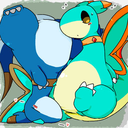 anthro belly blue_body blush claws duo embarrassed featureless_crotch heart_symbol insect_wings overweight suggestive_pose teal_body upside_down wings ardest palworld pocketpair elphidran elphidran_aqua pal_(species) 1:1 aliasing digital_media_(artwork) low_res oekaki