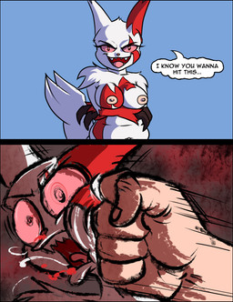 ambiguous_gender anthro areola blood bodily_fluids breast_rest breasts cheek_bulge claws crossed_arms dialogue disembodied_hand duo eye_roll fangs female fist front_view fur happy holding_breast humor looking_at_viewer markings naughty_face navel nipples open_mouth pun punch red_eyes red_markings saliva slightly_chubby slightly_chubby_anthro slightly_chubby_female smile solo_focus speech_bubble tail teeth text tongue violence visual_pun white_body white_fur conditional_dnp teckworks nintendo pokemon generation_3_pokemon human mammal pokemon_(species) zangoose 2012 english_text half-length_portrait headshot_portrait portrait