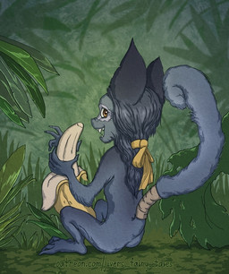 banana blue_body blue_fur brown_eyes butt food forest fruit fur hair jungle long_ears long_hair long_tail male plant smile tail teeth tree fa_plastilinka jiver_thistle haplorhine mammal monkey primate digital_media_(artwork)