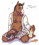 alcohol animal_genitalia animal_penis anthro balls beverage big_penis biped bodily_fluids boxers_(clothing) button_boxers button_underwear clothed clothing dialogue drunk equine_genitalia equine_penis food genital_fluids genitals half-erect kneeling male medial_ring mottled mottled_genitalia mottled_penis nipples open_clothing open_robe open_shirt open_topwear open_underwear penis penis_poking_out precum robe shirt simple_background slightly_chubby solo substance_intoxication text topwear underwear chewycuticle bojack_horseman netflix bojack_horseman_(character) equid equine horse mammal 2014 digital_media_(artwork) english_text hi_res