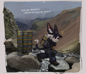 anthro backpack black_body black_eyes black_fur black_nose cheek_tuft clothed clothing container detailed_background dipstick_tail facial_tuft footwear fur hair hat headgear headwear inner_ear_fluff male markings multicolored_body multicolored_fur outside rock shoes solo tail tail_markings text text_on_clothing text_on_hat text_on_headwear tuft walking water wearing_hat white_body white_fur white_hair white_inner_ear_fluff white_text co2killsu death_stranding domestic_cat felid feline felis mammal 2025 absurd_res english_text hi_res