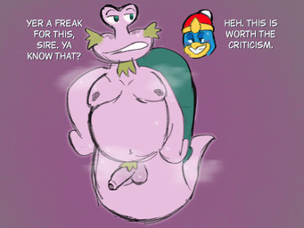 anthro balls blush blush_lines bodily_fluids dialogue genitals male male/male musk musky_penis overweight overweight_male penis presenting presenting_penis pubes solo solo_focus sweat sweaty_balls sweaty_genitalia text anonymous_artist kirby:_right_back_at_ya! kirby_(series) nintendo escargoon king_dedede avian bird gastropod mollusk penguin snail 4:3 english_text hi_res sketch