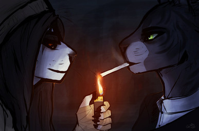 anthro bandaged_hand black_claws black_clothing black_hair black_pawpads black_topwear claws clothed clothing duo female finger_claws fingerpads fire grey_body grey_clothing grey_hat grey_headwear grey_topwear hair hat headgear headwear holding_lighter holding_object lighter long_hair male mouth_closed narrowed_eyes pawpads side_view smoking topwear white_body white_clothing white_topwear unknowhiter felid mammal 2015 signature