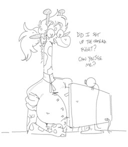 anthro big_breasts breasts camera clothing collared_shirt computer dialogue dress_shirt electronics eyewear female glasses hair long_neck mature_female monitor open_mouth ponytail shirt sitting snout solo text topwear webcam mhdrawin miss_bliss_(mhdrawin) giraffe giraffid mammal 2023 black_and_white english_text hi_res monochrome