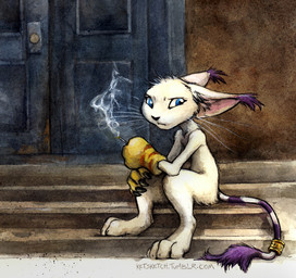 accessory anthro black_nose blue_eyes cigarette claws clothing door ear_tuft female fur furgonomics gloves handwear jewelry markings orange_markings outside purple_body purple_fur purple_markings ring sitting solo tail tail_accessory tail_jewelry tail_markings tail_ring tail_tuft tuft whiskers white_body white_fur kenket bandai_namco digimon digimon_(species) felid feline gatomon mammal 2015 painting_(artwork) signature traditional_media_(artwork) traditional_painting_(artwork)