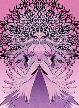 anthro beak clothed clothing crown dress female headgear small_waist solo yasutak1192 hellaverse helluva_boss stella_(helluva_boss) avian avian_demon bird bird_demon demon galliform peafowl peafowl_demon phasianid hi_res