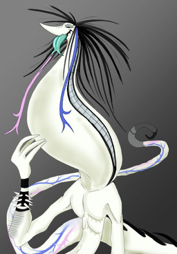 anthro black_hair blue_hair blue_tongue bracelet facial_piercing forked_tongue grey_teeth hair jewelry long_neck male male_pred mastectomy_scar mouth_on_neck neck_bulge non-mammal_mastectomy_scar nose_piercing piercing pink_hair scar simple_background smile soft_vore solo spiked_bracelet spikes tail teeth tongue tongue_out vein veiny_tail vore white_chest white_face white_neck plentyofsoup virmit_(plentyofsoup) alien scalie digital_media_(artwork) hi_res trans_(lore) trans_man_(lore)