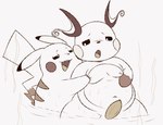 anthro belly duo erection genitals grope male male/male moobs navel nipples partially_submerged penis slightly_chubby water mincheeto nintendo pokemon generation_1_pokemon pikachu pokemon_(species) raichu hi_res