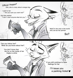 anthro black_bars clothed clothing dialogue duo female fingers hat headgear headwear long_ears narrowed_eyes open_mouth standing teeth text tongue nibkman0304 disney zootopia judy_hopps nick_wilde canid canine european_rabbit fox lagomorph leporid mammal oryctolagus rabbit red_fox true_fox comic english_text hi_res letterbox monochrome