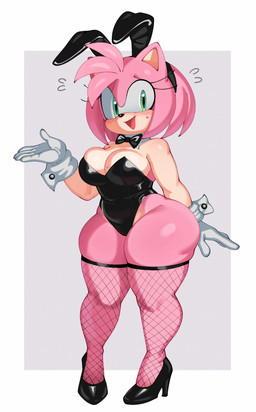 5_fingers anthro bare_shoulders big_breasts black_clothing black_footwear black_high_heels black_leotard black_nose blush bow_tie breasts bunny_costume cleavage clothed clothing costume eyelashes fake_ears fake_rabbit_ears female fingers fishnet_clothing fishnet_legwear fishnet_thigh_highs footwear gloves green_eyes hair handwear heart_symbol high_heels legwear leotard looking_at_viewer open_mouth open_smile pink_hair shirt_collar shirt_cuffs shoes short_hair smile solo standing strapless_clothing strapless_leotard thick_thighs thigh_highs white_clothing white_gloves white_handwear wide_hips fiinel sega sonic_the_hedgehog_(series) amy_rose eulipotyphlan hedgehog mammal 2026 absurd_res hi_res