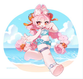 3_toes 5_fingers ahoge anklet anthro barefoot beach bikini blue_bikini blue_clothing blue_swimwear braided_pigtails claws clothed clothed_anthro clothed_female clothing cloud ear_piercing ear_ring feet female fingers flat_chested fur hair inner_ear_fluff jewelry midriff navel paws piercing pink_body pink_fur pink_hair red_eyes ring_piercing sea sky swimwear toes tuft two-piece_swimsuit water chiffonpaw mihoyo zenless_zone_zero zhao_(zenless_zone_zero) lagomorph leporid mammal rabbit thiren 2026 absurd_res full-length_portrait hi_res portrait
