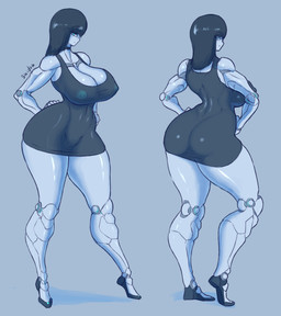 areola big_breasts big_butt biped breasts butt cleavage clothed clothing dress female hair hand_on_hip machine nipples not_furry shadow simple_background solo thick_thighs wide_hips saidra android humanoid robot robot_humanoid absurd_res blue_and_white hi_res monochrome