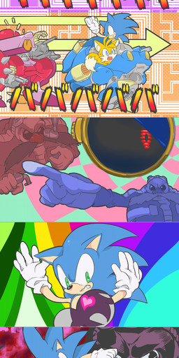 anthro biped blue_body blue_eyes blue_fur bodily_fluids butt butt_shot chili_dog clothing dancing duo electric_guitar eyewear floating food footwear fur gesture glasses gloves green_eyes grin group guitar hand_gesture handwear heart_symbol hot_dog jacket machine male motorcycle musical_instrument one_eye_closed parody pattern_background playing_guitar playing_music plucked_string_instrument pointing purple_eyes red_body red_fur running shoes simple_background smile solo sparkles string_instrument sunglasses super_form sweat text topwear vehicle waving whistle_(object) white_body white_fur wink yellow_body yellow_fur nashi_(intothe_bluesky) cutie_honey sega sonic_the_hedgehog_(series) dr._eggman knuckles_the_echidna metal_sonic miles_prower sonic_the_hedgehog super_sonic badnik bear canid canine echidna eulipotyphlan fox giant_panda hedgehog human mammal monotreme robot absurd_res comic hi_res japanese_text long_image tall_image translation_request