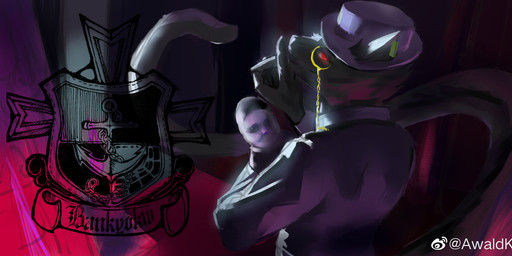 anthro black_body black_fur black_tail clothed clothing duo eyewear fur hat headgear headwear holding_another logo male male_anthro monocle mouth_closed purple_clothing purple_hat purple_headwear purple_topwear red_ears red_eyes tail text topwear awaldkize felid human mammal artist_logo artist_name hi_res