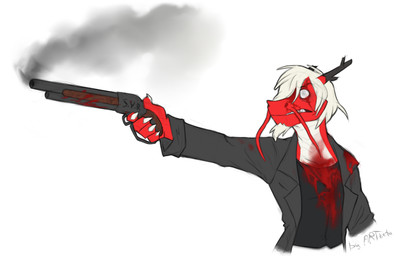 anthro beard blind blood bodily_fluids clothing disability facial_hair gun hair holding_gun holding_object holding_ranged_weapon holding_weapon horn male ranged_weapon red_body red_skin shotgun simple_background smoke solo weapon whiskers white_background white_hair artbeta asian_mythology east_asian_mythology mythology styx_y._renegade dragon eastern_dragon mythological_creature mythological_scalie scalie 2017