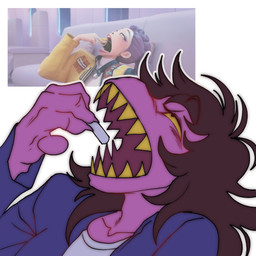 anthro brown_hair chalk clothed clothing eating female hair open_mouth purple_body purple_scales scales sharp_teeth simple_background teeth white_background yellow_sclera yellow_teeth kristhianquint4 deltarune kpop_demon_hunters undertale_(series) susie_(deltarune) reptile scalie 1:1 2025 hi_res reference_image