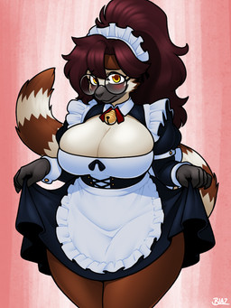 anthro big_breasts blush breasts brown_body brown_hair bulging_breasts clothing eyelashes eyewear feathers female glasses hair maid_headdress maid_uniform markings ponytail ring_(marking) ringed_tail round_glasses solo striped_markings striped_tail stripes tail tail_markings uniform white_body wide_hips yellow_eyes blazbaros cindy_(mrevantheone) dinosaur feathered_dinosaur feathered_scalie prehistoric_species reptile saurischian scalie sinosauropteryx theropod 2026 3:4 hi_res