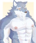 abs anthro beard biceps black_nose eyebrows facial_hair fur grey_body grey_fur male multicolored_body multicolored_fur muscular muscular_anthro muscular_male nipple_piercing nipples pecs piercing shirtless solo thick_eyebrows two_tone_body two_tone_fur white_body white_eyebrows white_fur yellow_eyes hoang_nguyen sdorica law_(sdorica) canid canine canis mammal wolf