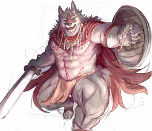 abs anthro barazoku biceps blue_eyes bottomwear cape clothed clothing facial_markings fur grey_body grey_fur head_markings jewelry loincloth male markings melee_weapon muscular muscular_anthro muscular_male necklace nipples open_mouth pecs shield simple_background solo sword tattoo teeth tongue weapon white_background fd-caro tavern_of_spear eyvind canid canine canis mammal wolf 2018 digital_media_(artwork) hi_res