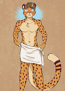 anthro blush brown_body brown_fur brown_hair brown_markings brown_spots brown_stripes butt fur hair male markings purple_eyes scar solo spots stripes tail towel rika_(artist) zachariah_(velocitycat) cheetah felid feline mammal hi_res
