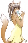 anthro back-tie_clothing back-tie_dress backless_clothing backless_dress clothed clothing dress female food looking_at_viewer popsicle solo tail tail_under_skirt yellow_clothing yellow_dress kaiven hi_res