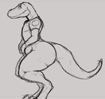 anthro big_butt bottomless butt claws clothed clothing female looking_at_viewer partially_clothed side_view slightly_chubby slightly_chubby_female solo tail thick_tail thick_thighs topwear topwear_only susfishous heather_(susfishous) dinosaur prehistoric_species reptile scalie digital_media_(artwork) sketch