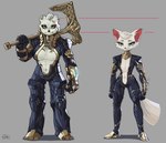 abs absurd_res anthro armor axe bear black_bodysuit black_clothing black_skinsuit blue_eyes bodysuit breasts canid canine carrying_weapon center_opening cleavage clothed clothing crown_(kemokin_mania) duo female fox fur heterochromia hi_res holding_axe holding_object kemokin_mania larger_female looking_at_viewer mammal missing_ear model_sheet navel scar simple_background size_difference skinsuit tight_clothing ursine weapon white_body white_fur yellow_eyes