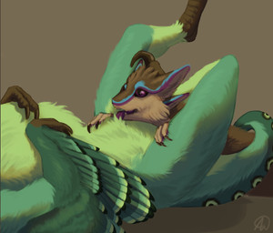 anthro blue_markings cheek_tuft claws duo eyes_closed facial_tuft feather_tuft feathered_wings feathers feral fluffy green_body grey_body licking lying male male/male markings multicolored_body on_back pinned purple_markings raised_leg sickle_claw simple_background snout tail toe_claws tongue tuft winged_arms wings ravuki fyu quetzalcuali avali avian deinonychus dinosaur dromaeosaurid feathered_dinosaur feathered_scalie prehistoric_species reptile saurischian scalie theropod
