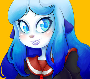 anthro blue_eyes blue_hair blush clothing female hair long_hair school_uniform solo uniform white_body white_skin basketgardevoir nintendo pokemon celeste_(basketgardevoir) generation_5_pokemon oshawott pokemon_(species) 2015 bust_portrait portrait source_request