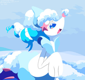 ambiguous_gender anthro blue_eyes blue_hair eyelashes fangs gem hair happy open_mouth pearl_(gem) snow solo starfish_(accessory) teeth tongue white_body sleepy_sealion nintendo pokemon aquatic asterozoan echinoderm generation_7_pokemon pokemon_(species) primarina starfish 2026 absurd_res dated hi_res signature