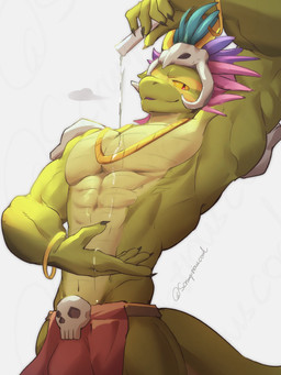 abs anthro bedroom_eyes bottomwear bracelet breath clothed clothing feathered_headdress green_body holding_vial jewelry loincloth looking_at_viewer male muscular muscular_anthro muscular_arms muscular_male narrowed_eyes necklace pecs pouring_onto_self raised_arm red_eyes seductive simple_background skull_accessory skull_helmet solo tail topless topless_anthro topless_male tribal tribal_clothing vial wet wet_body white_background yellow_sclera scrumptiouscoal terraria shimmered_witch_doctor witch_doctor_(terraria) lihzahrd lizard reptile scalie 3:4 digital_media_(artwork) hi_res signature