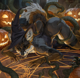 5_fingers anthro ass_up biped butt clothed clothed_anthro clothed_female clothing female fingers front_view fur hair hat headgear headwear holidays inner_ear_fluff legwear looking_at_viewer on_ground outside solo tentacles thigh_highs tuft honovy halloween canid canine mammal 2025 digital_drawing_(artwork) digital_media_(artwork) hi_res