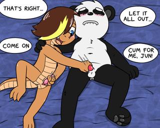 animal_genitalia balls bed furniture genital_slit genitals handjob male male/male mutual_masturbation nude overweight overweight_male penile sex slightly_chubby young young_male young_on_young pokefound da_silva gordon_(pokefound) jun_(pokefound) bear colubrid corn_snake giant_panda lampropeltini mammal rat_snake reptile scalie snake 5:4 hi_res