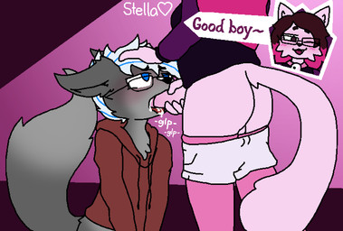 anthro bell bell_collar blue_eyes blue_hair bodily_fluids bottomwear bottomwear_down brown_hair clothed clothing collar cum cum_in_mouth cum_inside cumshot dialogue duo ejaculation eyewear fluffy fluffy_tail fur genital_fluids glasses good_boy grey_body grey_fur gynomorph hair hand_on_head hoodie intersex intersex/male magenta_hair male multicolored_hair oral pants pants_down partially_clothed pink_body pink_fur purple_eyes tail text topwear white_hair couldbestella starry_(couldbestella) canid canine domestic_cat felid feline felis fox mammal digital_media_(artwork) english_text signature trans_(lore) trans_woman_(lore)
