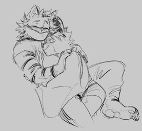 anthro bottomwear clothing cuddling duo facial_piercing fur hair lip_piercing male male/male pawpads piercing smile text topwear salivahero dawn_chorus arvo_(dawn_chorus) jorgen_(dawn_chorus) bat felid mammal pantherine tiger absurd_res english_text hi_res monochrome sketch