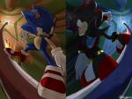 anthro big_eyes big_head black_body black_fur blue_body blue_fur clothing duo footwear fur gloves green_eyes handwear male rail_grinding red_body red_eyes red_fur shoes toony kalk427 sega sonic_adventure sonic_the_hedgehog_(series) shadow_the_hedgehog sonic_the_hedgehog eulipotyphlan hedgehog mammal 2017